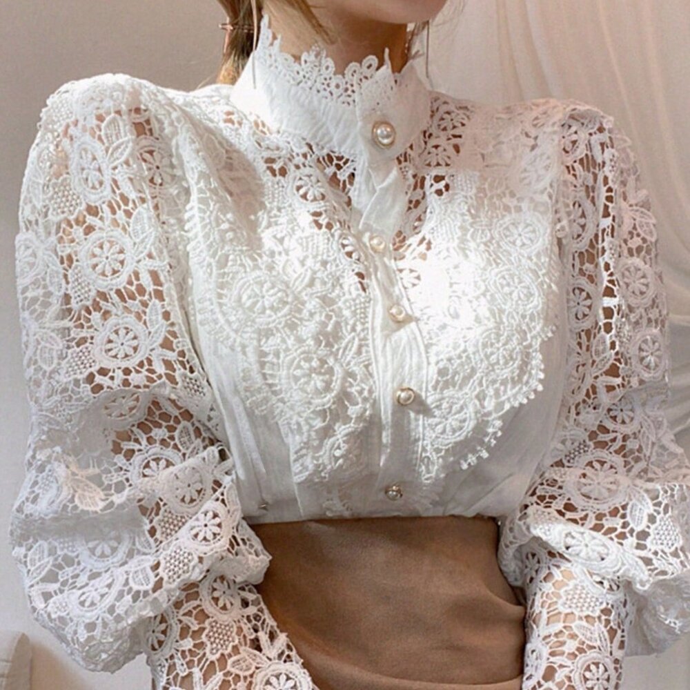 White Elegant Women's Mock Neck Victorian Lace Puff Sleeve Shirt Blouse - Picture 1 of 4